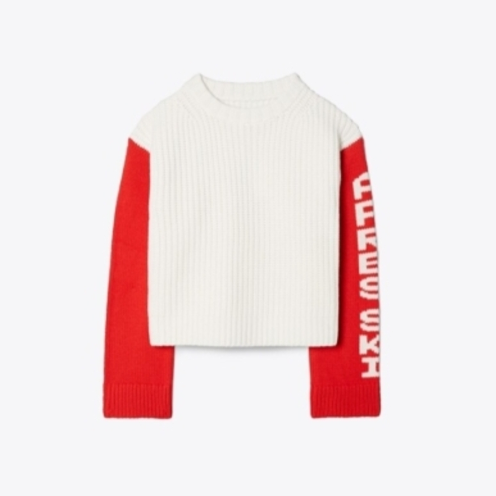 Tory Burch Cream Ribbed Cowl Sweater with Red Contrast Sleeves Apres SKI wool XS